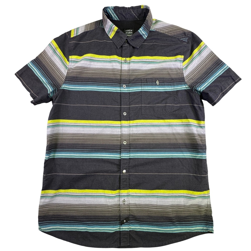 Always Push Forward Button Down Shirt Men's‎ L Striped Short Sleeve Black Blue
